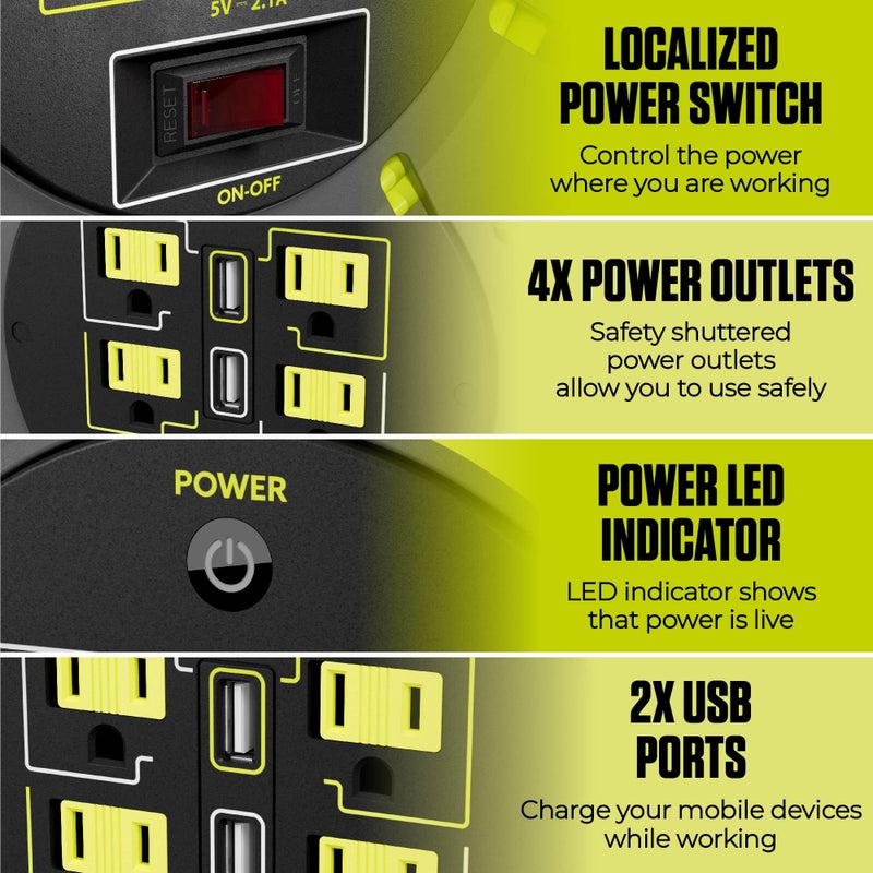 Masterplug 50ft Cord Reel, Retractable Extension Lead with Winding Handle, Safety Overload Circuit Breaker and Power Switch, 4X Grounded Outlets, 2X USB Ports, 13amps, 14AWG Cable - Image 2